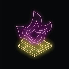 Poster - Neon icon of bonfire with hot bright blazing flames made of violet and yellow neon tubes