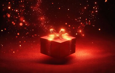 Aufkleber - Magical Red Gift Box Glowing in Air with Sparkling Particles on Deep Red Background