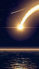 Fototapete - A tranquil golden sunset reflected on calm ocean waters, with a bright comet tail crossing the sky above.
