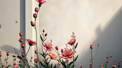 Poster - A wall with a white background and a flowery border. The flowers are pink and are arranged in a row