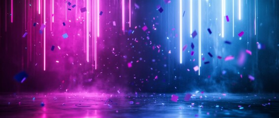 Wall Mural - vivid abstract digital background showcasing a neon blue and purple gradient with confetti falling i