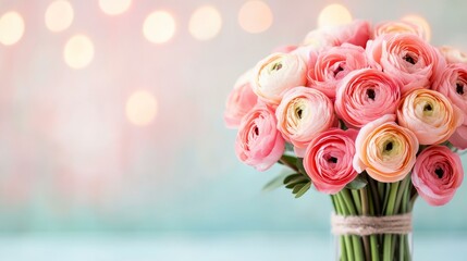 Wall Mural - Bouquet of pink roses in a glass vase on a wooden table with natural light background