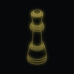 Poster - Glowing neon chess queen is standing on a black background, emanating a bright yellow light