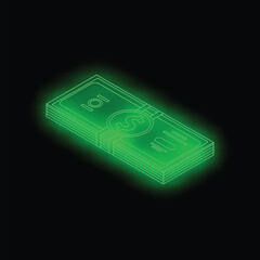 Poster - Stack of stylized one hundred dollar bills is glowing green on a black background