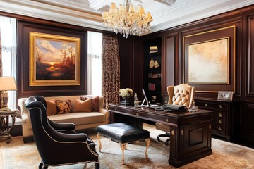 Wall Mural - A traditional office adorned with rich textures, ornate furniture, and elegant decor. Utilize a warm color palette, intricate molding, and luxurious fabrics.