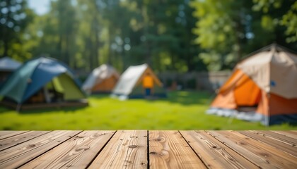 wooden table in front of blurred camping tents in a sunny green forest, ideal for showcasing product