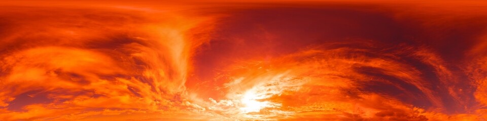Wall Mural - 360 panorama of glowing sunset sky with bright pink cirrus clouds. hdr 360 seamless spherical panora