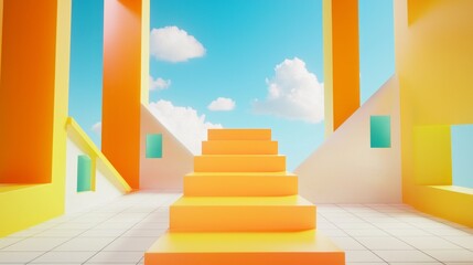 Poster - A captivating yellow and orange staircase rises towards a clear blue sky dotted with soft, white clouds