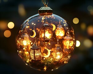 A spherical ornament containing miniature lanterns, crescent moon charms, and soft glowing lights for Ramadan blessings.