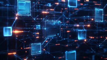 Poster - Cyberpunk Data Network with Glowing File Icons and Cloud Computing Concept for Document Management and Big Data Analysis