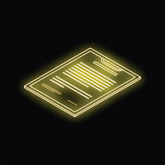 Poster - yellow glowing neon line clipboard with document icon isolated on black background. vector illustrat