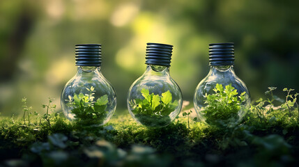 Aufkleber - Three glass light bulbs filled with greenery, symbolizing sustainability and eco-friendliness, sit on a grassy surface in a serene, natural setting