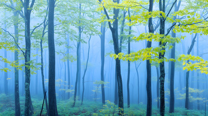 Poster - A serene, misty forest scene with tall trees and vibrant green leaves, creating a calm and tranquil atmosphere