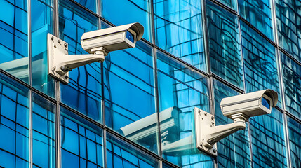 Poster - A modern building features sleek glass windows and security cameras mounted on the exterior, emphasizing safety and surveillance technology