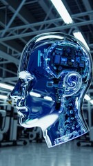 Poster - A translucent robotic head with visible circuitry floating against a sprawling high-tech factory, emphasizing the integration of AI into advanced manufacturing.
