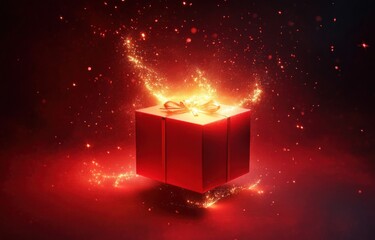 Poster - Magical Open Gift Box Glowing with Light on Red Background