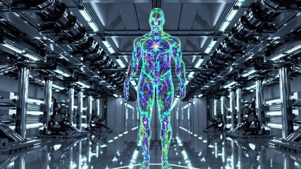 Poster - A translucent human-shaped AI form revealing pulsing data streams inside, framed by rows of sleek, robotic arms in a cutting-edge production facility.
