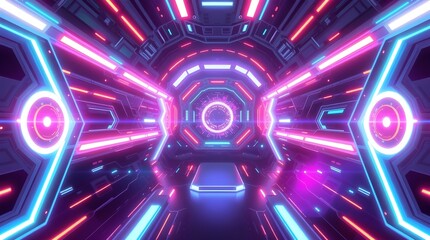 Wall Mural - Bright neon lights in shades of pink, blue, and purple create a futuristic tunnel effect. Geometric shapes and symmetry enhance the sense of depth and movement.