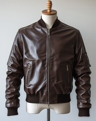 Wall Mural - Dark brown faux leather bomber jacket display on plain white background