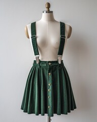 Wall Mural - Dark green corduroy suspender skirt display on plain white background