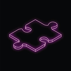 Poster - Purple neon light outlines a single puzzle piece, creating an isometric perspective against a black background