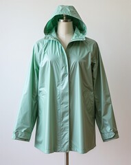 Wall Mural - Mint green lightweight raincoat display on plain white background