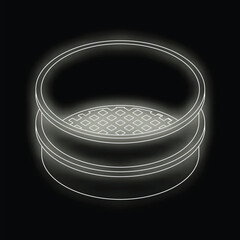 Poster - White outline of round sieve with checkered mesh on black background glowing with white light