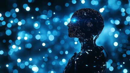 Poster - In a stunning display of advanced technology, a humanoid robot silhouette emerges against a background of shimmering blue particles
