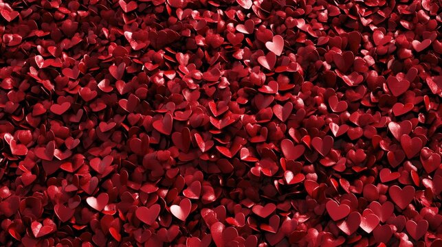 A 3D pile of hundreds of red hearts, scattered together to form a beautiful and romantic display, perfect for conveying love and warmth