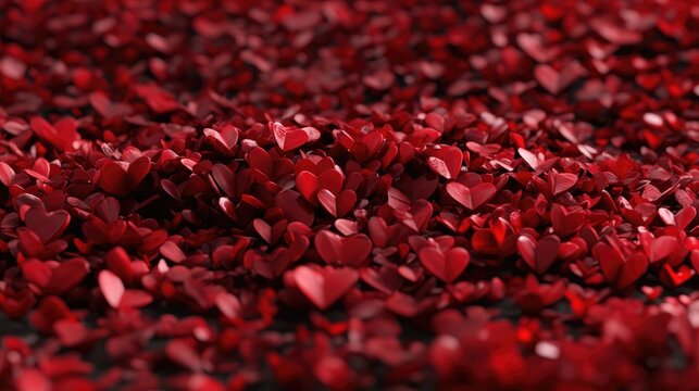 A 3D pile of hundreds of red hearts, scattered together to form a beautiful and romantic display, perfect for conveying love and warmth