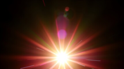 Wall Mural - A burst of light radiates outward with colorful flares against a dark background, creating a dramatic visual effect. The main light source is bright and intense, with rays that blend into colors