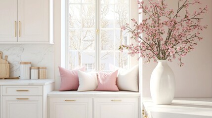 Poster - In a serene white kitchen, soft light filters through large windows, illuminating a cozy window seat adorned with plush cushions. A graceful vase of blooms adds charm to the tranquil atmosphere