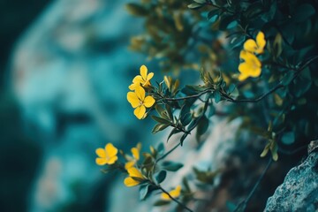 Poster - Yellow wildflowers blooming on cliffside, teal backdrop