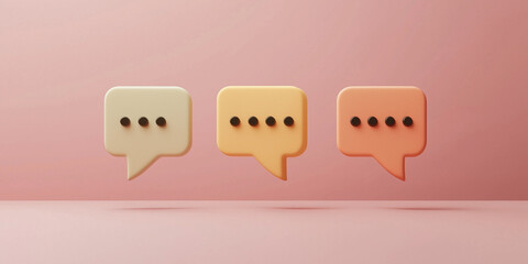 Poster - Three colorful speech bubble icons on a pastel pink background for creative communication, chat, dialogue, or messaging concepts