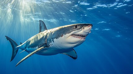 Poster - Diving into the blue expanse, a diver equipped with scuba gear interacts with the magnificent surroundings, encountering a great white shark gliding gracefully. Sunlight filters through the water