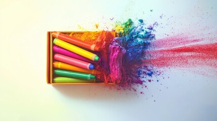 Poster - A box of crayons in vivid colors on a light background, spilling out in an artistic and colorful display, perfect for educational or creative content