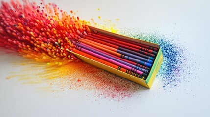 Poster - A box of crayons in vivid colors on a light background, spilling out in an artistic and colorful display, perfect for educational or creative content