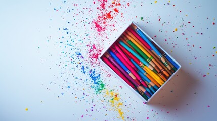 Poster - A box of crayons in vivid colors on a light background, spilling out in an artistic and colorful display, perfect for educational or creative content