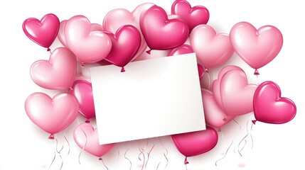 Poster - A clean, white card surrounded by floating pink heart-shaped balloons, perfect for Valentine Day, celebrations, or romantic message designs