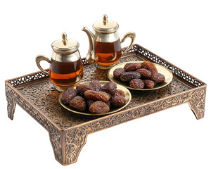 beautifully arranged table with traditional tea and dates served on ornate plates, perfect for festive gathering. intricate tray adds elegance to Iftar setup