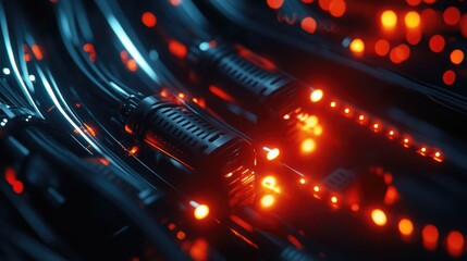 Poster - A close-up of a network cable connected to a firewall, with blinking LEDs indicating secure and encrypted data transmission, symbolizing cybersecurity