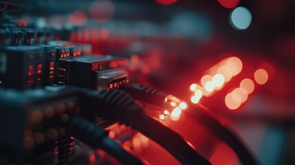 Poster - A close-up of a network cable linked to a firewall, with blinking lights signaling encrypted and secure communication in digital networks