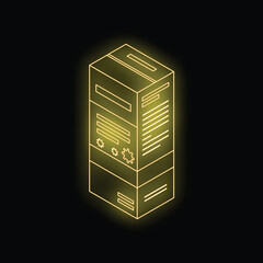 Poster - Isometric view of a glowing yellow product box with generic label and symbols, representing packaging, product, retail, and commerce