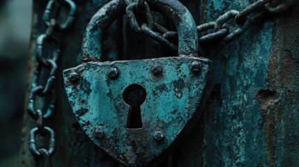 Poster - A close-up of a weathered chain and padlock, with rust and wear visible, symbolizing the concepts of security, strength, and protection