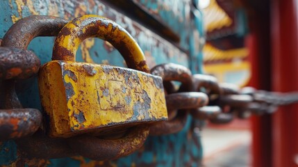Poster - A close-up of a weathered chain and padlock, with rust and wear visible, symbolizing the concepts of security, strength, and protection