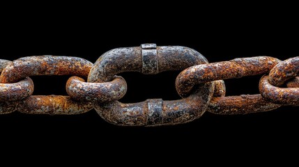 Poster - A close-up of a worn, rusted chain and padlock on a black background, symbolizing strength, protection, and security in a gritty, industrial setting