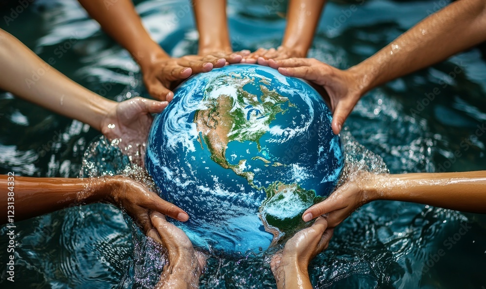 Water Conservation Hand Group of people holding hands around a globe submerged in water ...