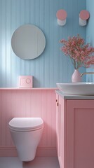 Poster - This beautifully designed bathroom features soothing pastel blue and pink walls, a stylish basin, and soft floral accents, creating a tranquil space perfect for relaxation