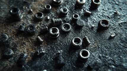 Poster - A close-up of scattered nuts and bolts on a textured surface, creating a mechanical, industrial background for tools or engineering-related concepts