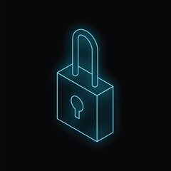 Poster - Neon blue padlock glowing on dark background, representing data protection and cybersecurity